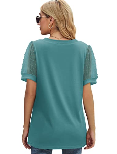 Image of Aokosor Womens Summer Tops V Neck T Shirts Swiss Dot Puff Sleeve Tops Loose Casual Tshirts