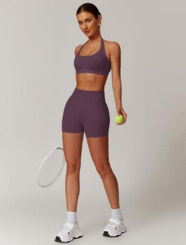 Image of ABOCIW Workout Sets for Women 2 Piece seamless Halter Sports Bra Scrunch Butt Impact Shorts Gym Yoga Outfits