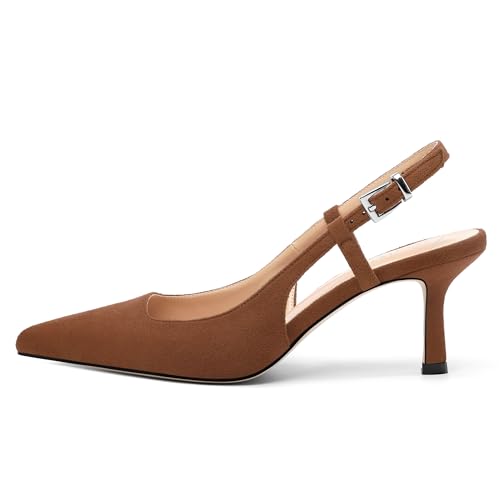 Women's Slingback Suede Leather Pointed Toe Cute Buckle Kitten Mid Heel Pumps Dress Shoes 2.55 Inch2