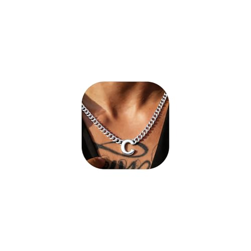 ChainsProMax 7mm Initial Necklace for Men Women Letter Necklace Silver Cuban Link Chain Necklaces from A-Z, 316L Stainless Steel-Send Gift Box, C