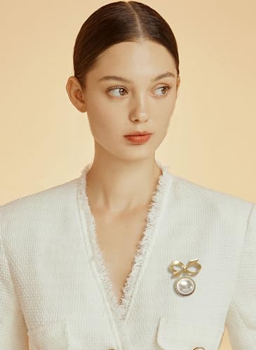 Image of Bow Knot Faux Pearl Brooch Pin for Women Girls 14k Golden Plated Bowknot Ribbon Lapel Brooches Pins Vintage Christmas Birthday Jewelry Gifts for Suit Dress Accessories