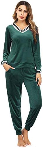 Irevial Women's Striped V Neck Crushed Velvet Tops Long Sleeve Casual Sweatsuits Sets with Pocket Green S
