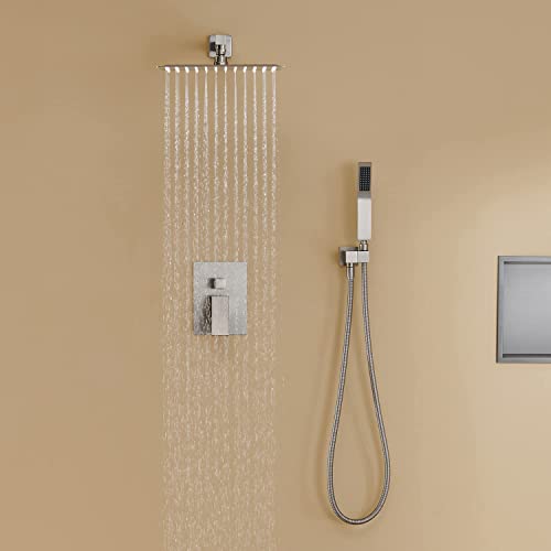 Image of Rain Shower System 12 Inches Shower Combo Set Brushed Nickel Wall Mount Faucet Bathroom Faucets with Rainfall Shower Head and Hand Shower