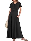 ANRABESS Women Summer Casual Short Sleeve Maxi Dress Button Fit & Flare A-Line Flowy Long Shirt Dresses 2025 Beach Outfits Black X-Large