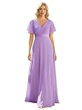 Ever-Pretty A-línea Vestido de Fiesta Cuello en V Manga Corta Gasa Corte Imperio para Mujer Lavanda 40