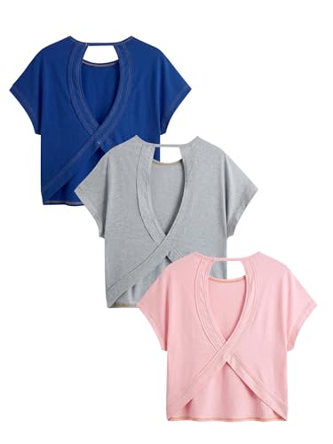 Image of RoseSeek Women's 3 Packs Open Back Tops T Shirt Criss Cross Cut Out Tee Short Sleeve Crewneck Summer Backless Tops