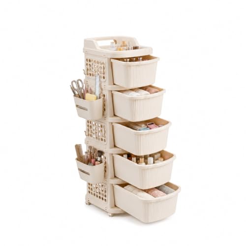 Image of Homeor 5 Tier Plastic Storage Drawer Cabinet with Wheels, Modular Chest of Drawers Organizer with Side Basket & Handle, Storage Trolley Rack for Home, Kitchen, Bedroom, Kids Room (Ivory)