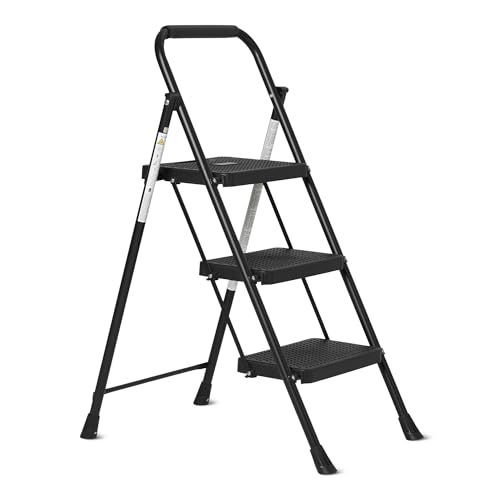 Amazon Basics Escalera Plegable 3 Peldaños, Estructura de Acero con Pies Antideslizantes, Capacidad de Carga Máxima 150kg, Altura 100,8 cm (Abierta), Negra