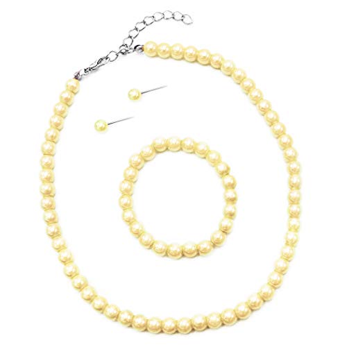 Rosemarie Collections Girl's 6mm Glass Bead Simulated Pearl 3 Piece Necklace Bracelet Earrings Flower Girl Bridal Jewelry Set, 12"-14" with 2" Extender (Buttercream Yellow)