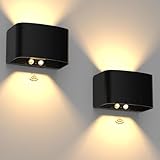 T-SUN Lámpara de Pared con Sensor de Movimiento y Control Remoto, Recargable Aplique pared Interior/Exterior, 2 Piezas Negro Lamparas pared Sin Cable, Aplique de Pared Arriba y Abajo, Brillo Ajustable