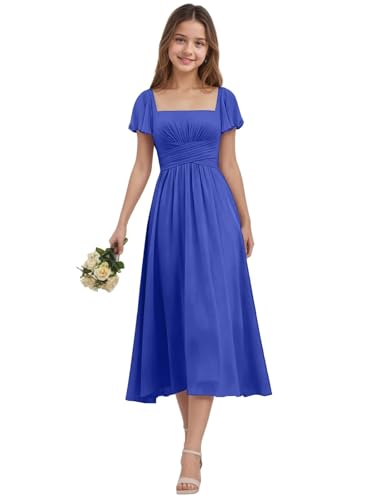 ZCOEXSO Junior Bridesmaid Dresses for Teen Girls Formal Dress Short Sleeve A Line Royal Blue Chiffon Flower Girl Dress for Wedding Party Size 15