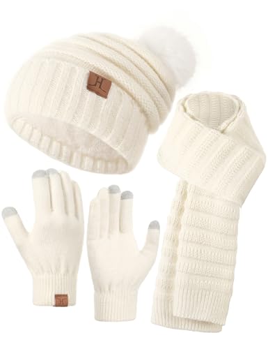 Hat Gloves Scarf Set For Women, Womens Winter Hats Fleece Lined Slouchy Beanie With Pom Scarf Thermal TouchScreen Gloves Sets