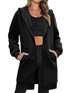 Tuopuda Sweatjacke Damen Lang Casual Hoodie Langarm Kapuzenpullover Mit Kapuze Reißverschluss Fleecejacke Herbstjacke Oversize Pullover(Schwarz, M)