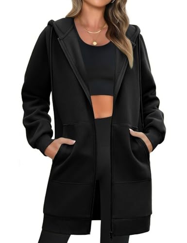 Image of Tuopuda Womens Zip Up Hoodies Fleece Long Sleeve Hooded Sweatshirts Casual Fall Jacket Lightweight Coat Longline Cardigans with Pocket(Black,M)