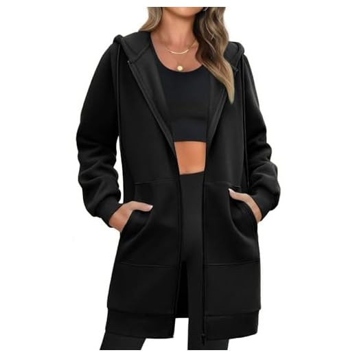 Tuopuda Sweatjacke Damen Lang Casual Hoodie Langarm Kapuzenpullover Mit Kapuze Reißverschluss Fleecejacke Herbstjacke Oversize Pullover(Schwarz,L)