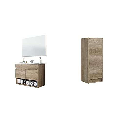 Arkitmobel Mueble De Baño Suspendido con 2 Puertas Y Espejo, Modulo Colgante, Modelo Cotton + Columna De Baño Suspendido 1 Puerta, Mueble Lavabo, Modelo Dakota