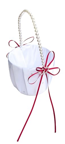 he andi Wedding Flower Girl Basket with Double Heart Rhinestone Decor (Red)