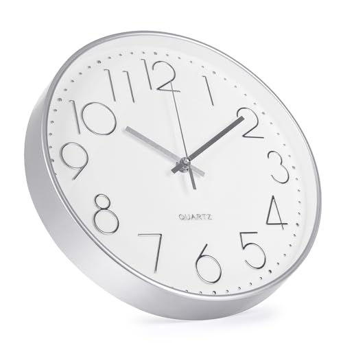 Image of Wall Clock Non-Ticking Silent Modern Simple Style Round Decor Clock Stereoscopic Dial Quartz Wall Clocks for Home /Office /School /Living Room /Bedroom /Kitchen (Silver, 8inch)