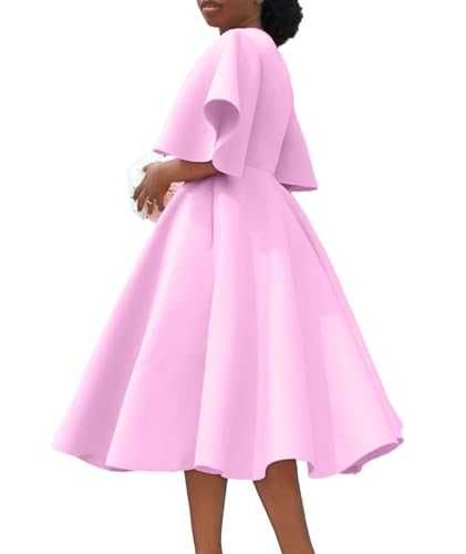 Image of SOMTHRON Women's Wrap V-Neck Ruffle Short Sleeve Midi Dress Elegant A Line Flowy Flared Cocktail Church Dress