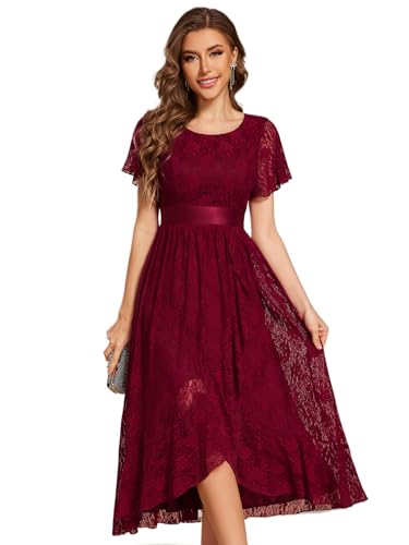 Image of Ever-Pretty Women's Lace Short Sleeve Round Neck Empire Waist Midi High Low Evening Gown 03489
