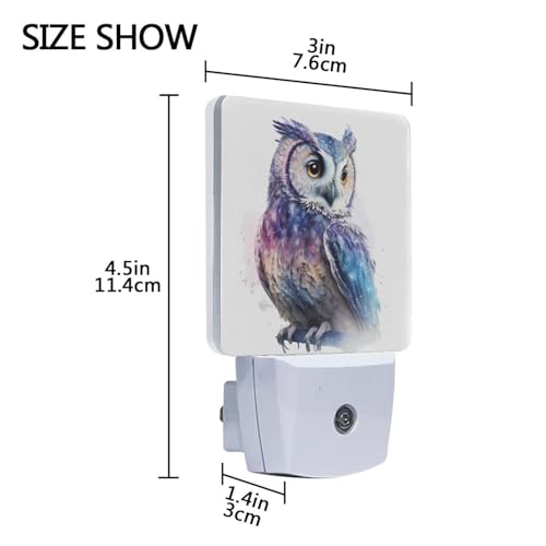 Image of Owl Watercolor Night Lights 2 Pack Plug-in Wall Led Nightlight Auto Dusk-to-Dawn Sensor Lamps for Bedroom Kitchen Bathroom