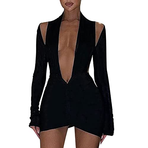 unilarinna Damen Neckholder Plissierte Mode Abendkleid Mini-Kleid mit schwarzem Ausschnitt sexy Kleid Langen Ärmeln ausgehöhlt Rücken tief...