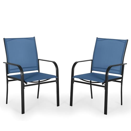 Crownland Outdoor Wrought Iron Dining Chairs Set of 2, Patio Textilene Dining Chair with High Backrest, Metal Frame Furniture Chairs with Armrests for Yard, Deck, Backyard, Poolside, Lawn(Dark Blue)