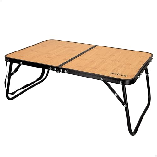AKTIVE Mesa baja plegable, 60x40x25 cm, Efecto bambú, Con cierre de seguridad, Estructura aluminio, Tablero madera MDF, Soporta 20 kg, Asa y cinta transporte, Accesorios de camping y playa (63016)