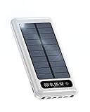 Cargador Solar - Power Bank Solar - Batería Solar para móvil y Tablet - Cargador Solar portátil - Linterna LED - Display - Cables incorporados 4 Salidas - 2 Puertos USB - 12000 mAh (Blanco)