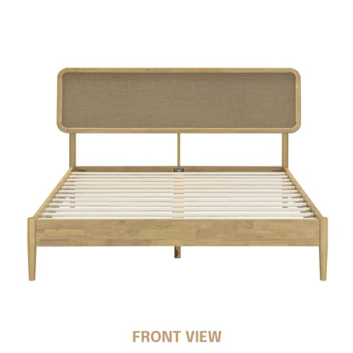 Image of NTC Lupin Wooden Bed Frame with Headboard, Solid Oak and Rubber Wood Foundation with Silent Slats and Wood Central Supports, 1000 Lb Capacity, Queen - Sand