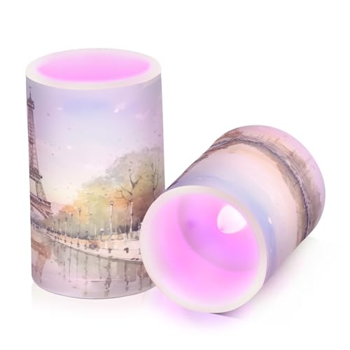 Image of Flickering Flameless Candles, Eiffel Tower Lake LED Candles with Remote Timer, Set of 2 Battery Operated Candle for Valentine Wedding Birthday