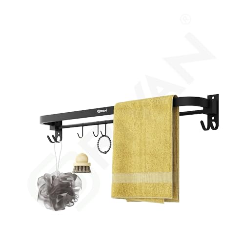 Image of GRIVAN Stainless Steel Towel Rod for Bathroom with Hooks | Foldable Towel Holder Stand with Drill Mount (2, Black, 24 INCH)