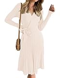 ZESICA Women's Fall Long Sleeve Wrap V Neck Ribbed Knit Pleated A Line Pullover Sweater Dress with Belt