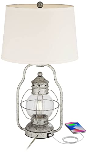 Franklin Iron Works Bodie Rustic Industrial Table Lamp With Usb Charging Port Nightlight Antique Led Edison 26" High Distressed Silver Off White Linen Shade For Living Room Bedroom Bedside Office #TOP2