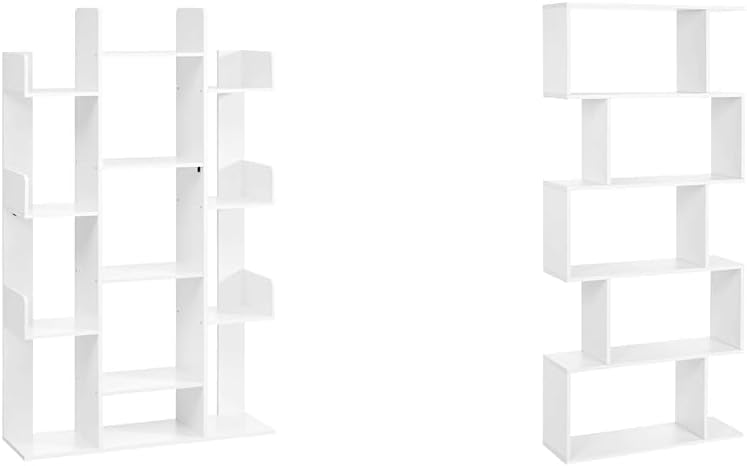 VASAGLE Tree-Shaped Bookcase with 13 Shelves and 5-Tier Freestanding Bookshelf, White Storage Shelving