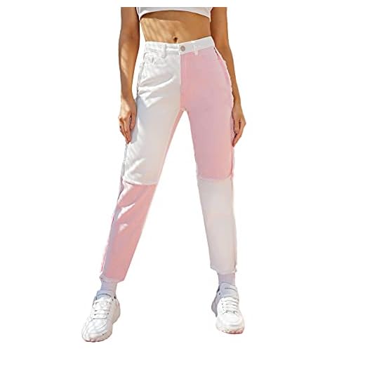 MakeMeChic Women's Colorblock High Waist Straight Leg Jeans Denim Pants White Pink M