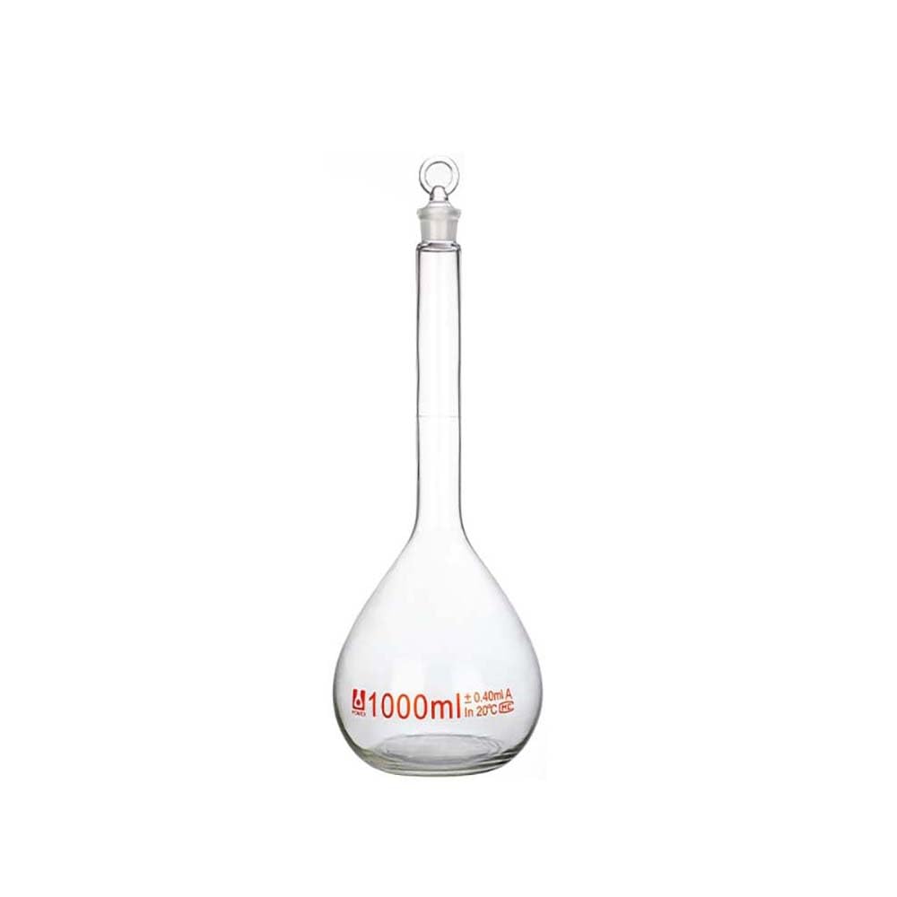 Matraz Volumétrico Vidrio Borosilicato Clase A Transparente con Tapón - Vidrio de Laboratorio G3.3 (5-2000ml) - Alta Precisión para Preparación & Dilución de Soluciones(1000ml)