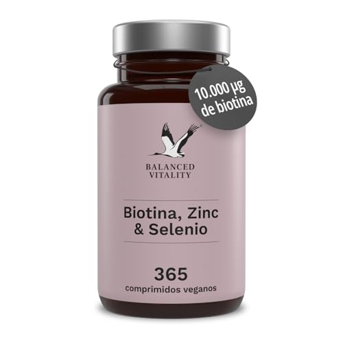 Biotina, zinc y selenio Balanced Vitality – tus vitaminas para el cabello en reserva para un año – sin aditivos – probado en laboratorio – para el cabello, la piel y las uñas – 365 pastillas veganas
