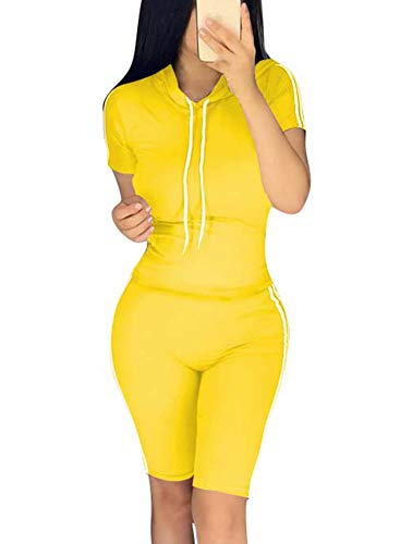 Women Two Piece Outfits Sets Tracksuit Set Short Sleeve Pullover Hoodies + Skinny Short Pants Jogging Suits Large Yellow