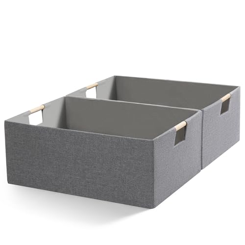 Image of Foldable Fabric Storage Cubes, 2 Packs Cloth Storage Baskets with Wooden Handles, Collapsible Shelf Closet Organizer Bins, Rectangular Storage Boxes for Decor (Gray)