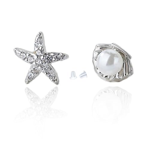 Image of Sterling Silver Earrings, Starfish Shell Studs, 925 Silver Earrings–Hypoallergenic Lightweight Design, Perfect for Sensitive Ears and Daily Wear, White Gold Tone