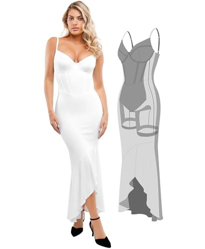 Image of Popilush Corset Dress Built in Shapewear - Formal Dress for Women Deep V Neck Maxi Slip Bridesmaid Dresses for Wedding