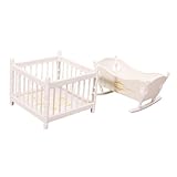 JISADER 2 Teiliges Puppenhaus Miniatur Bett Und Laufstall Möbelset mit Schaukelwiege Und Kinderbett, Spielzeugausstellung für Rollenspiele Und Kinder, Tolles, Weiß