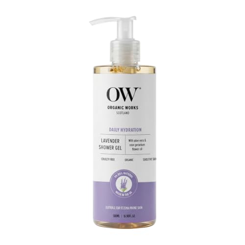 Image of Organic Works Lavender Shower Gel Bottle 500ml –99.99% Natural Intense Hydrating Hypoallergenic Body Wash for Dry to very dry skin - Aloe Vera & Geranium Oil,Regulates oil production
