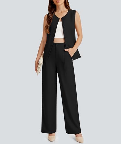 Women's 2 Piece Blazer Outfits Sleeveless Crewneck Vest Wide Leg Pantsuit 2025 Dressy Casual Work Sets2