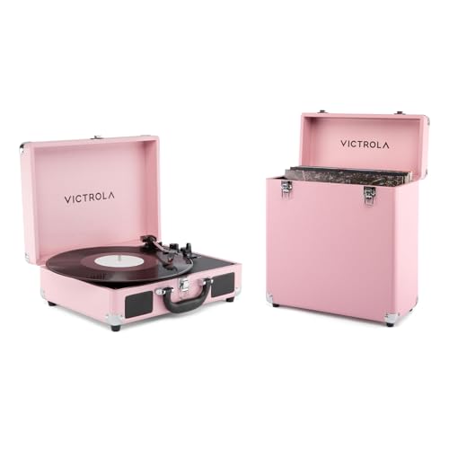 Image of Victrola Journey II Bluetooth 3-Speed Suitcase Record Player & Collector II Vinyl Record Storage Case, Holds 30+ Albums (Bundle, Pink)