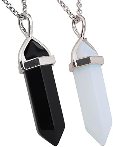 Nupuyai 2pcs Hexagonal Stone Pendant Necklace for Women Men, Energy Protection Crystal Point Pendant with Chain