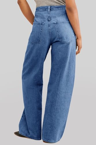 Cicy Bell Womens Wide Leg Jeans Drawstring High Waisted Baggy Straight Leg Jeans Trendy Boyfriends Denim Pants with Pockets Blue — view 4