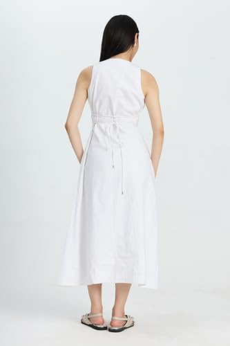 Image of Women's White Midi Dress | Sleeveless Round Neck, A-Line, Side Pockets, Office Wear Dress