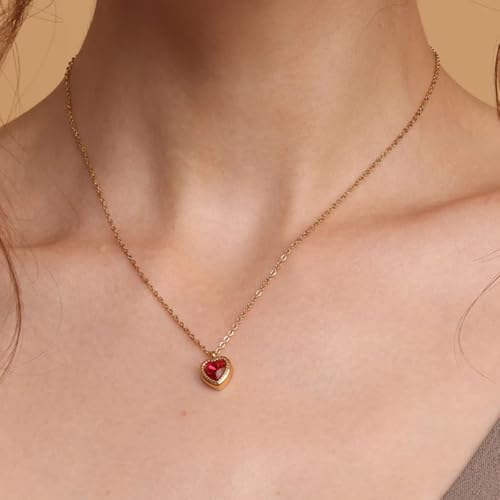 Image of PALMONAS Red Emerald Heart Pendant Necklace for Women - Gold Plated Necklace Chain, Waterproof & Anti Tarnish Jewellery | Gift For Women & Girls